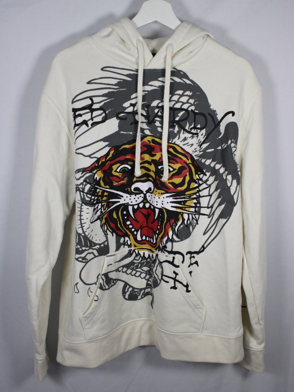 Ed Hardy Tiger Graphic Print Hoodie Pullover Sweatshirt Size Medium Cream Ivory